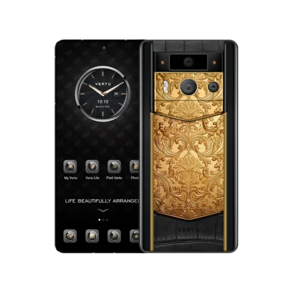 METAVERTU 2 LUXURY CUSTOM-MADE GOLDEN CARVED FLORAL DECORATION WITH ALLIGATOR SKIN WEB3 AI PHONE BLACK