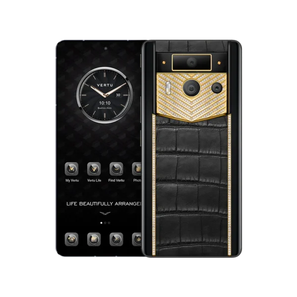 METAVERTU 2 LUXURY CUSTOM-MADE GOLD V-SHAPED WITH DIAMONDS ALLIGATOR SKIN WEB3 AI PHONE BLACK